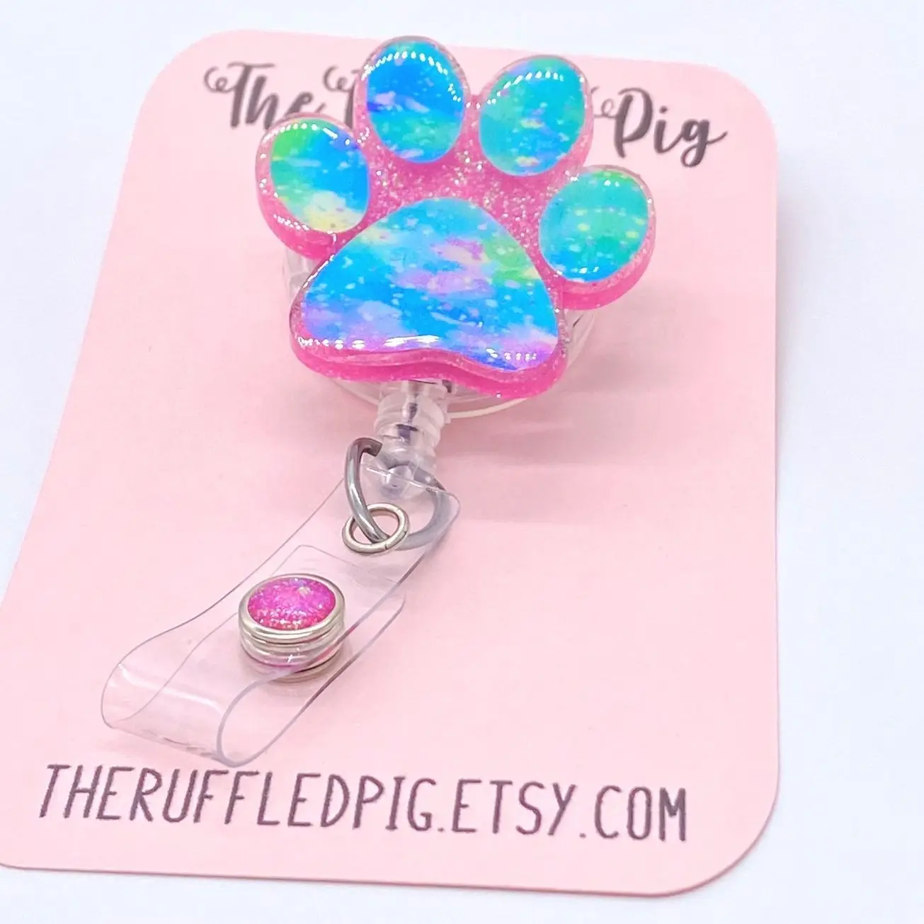 Dog Paw Badge Reel: Lanyard, clip, carabiner, teacher lanyard - pink glitter paw, gifts for vet tech dog lovers veterinarian nurses RN