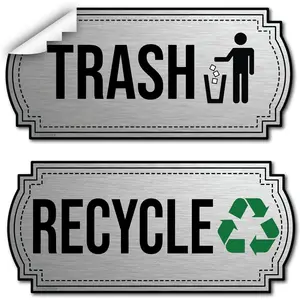 Recycle and Trash Stickers for Trash Cans - Stainless Steel Style Vinyl Recycling Bin Labels - 2 Pack - 6.5" by 3" Decals Logo - Waste Signs for Home Kitchen or Office Bins Indoor/Outdoor Use