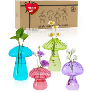 Mushroom Glass Propagation Station for : Set of 4 Colored Vases Terrarium Kit for Home Office Indoor Hydroponics Decor - Birthday Gifts for Women Mom Grandma