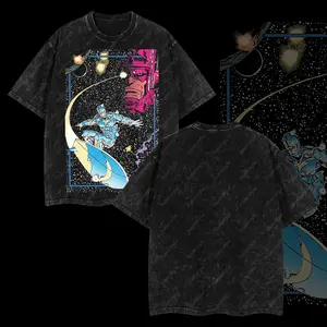 Superstyle Herald of Galactus "Silver Surfer" Ver 04 Fantastic Four MCU Superhero Comic Edition Double Printed Oversize Lightweight Acid Washed Tee TV Series Graphic Design Top Cotton Streetwear Comic Superheroes T-Shirt Clothes Menswear Womenswear