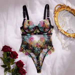 Floral Lace Stretch Bodysuit for Women, Sexy French Style with Colorful Embroidery and Underwire Shaping