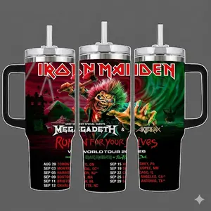 Iron Maiden Run For Your Lives World Tour 2026 Tumbler, 40oz Insulated Travel Mug with Handle, Heavy Metal Fan Gift