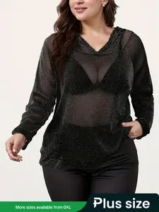 【Plus Size】 Solid Glitter Sheer Hooded Tee, Fashion Casual Long Sleeve Top for Daily Outdoor Wear, Women Plus Clothing for Summer