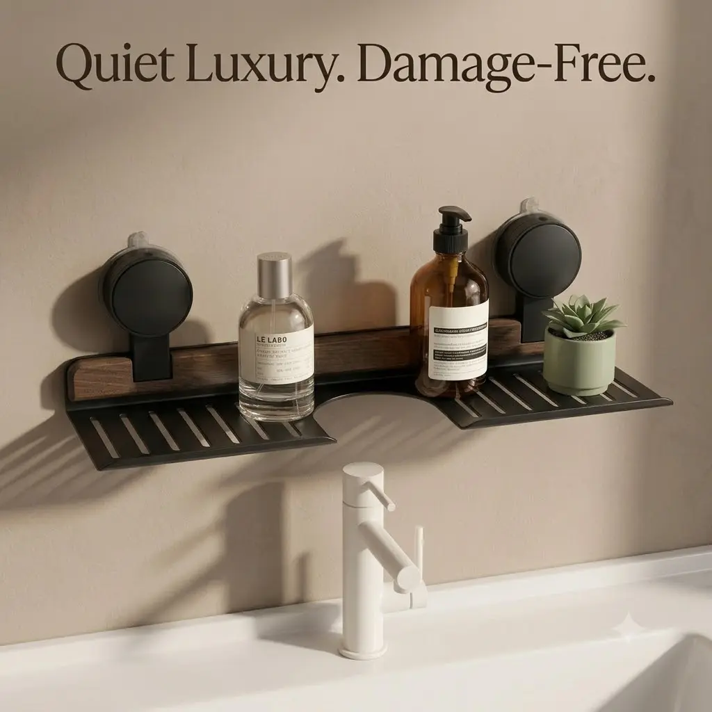 Contemporary Matte Black Wood-Look Bathroom Floating Shelf - 15.7" L x 4.7" W x 1.6" H, Anti-Corrosion Aluminium, No-Drilling Heavy Duty Suction Cup, Minimalist Decluttering Sink Organizer, Over Faucet Caddy for Suction Cup & Modern Bathroom Shelf Sets, S