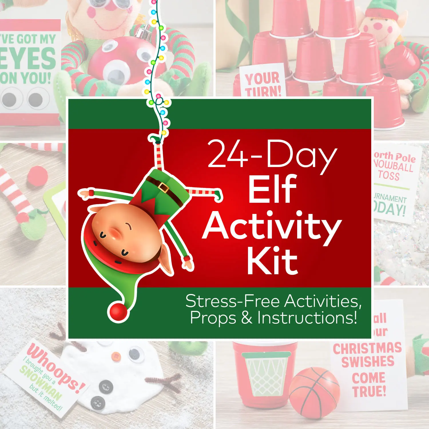 24-Day Christmas Elf Activity Kit, Festive Party Decoration Supplies, Stress Relief Prop with Easy Breezy Instructions & Storage Box
