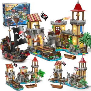 Pirate Castle Building Set with Light, 3 Modes Big Pirates Ship Bay Building Block 1502 PCS, Medieval Pirate Wharf House Construction Model Toy Home Decor for Adults Teens Boys Girls 10+ Boat Brick