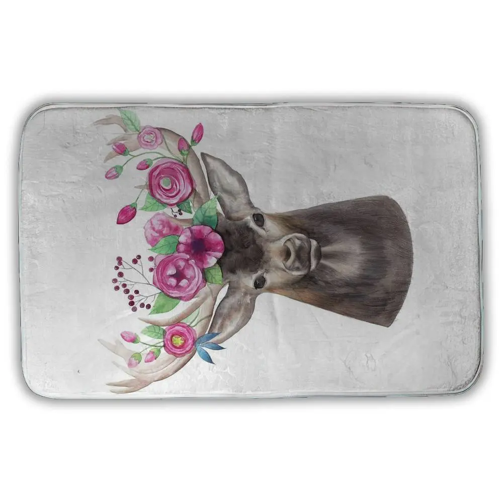 Highly Absorbent Foam Bath Mat, 21x34 in Microfiber 360-Stand Deer Head with Flowers Rectangle, Romantic Animal Bathroom Accessory, Home Decor for Shower Area, Ideal Gift