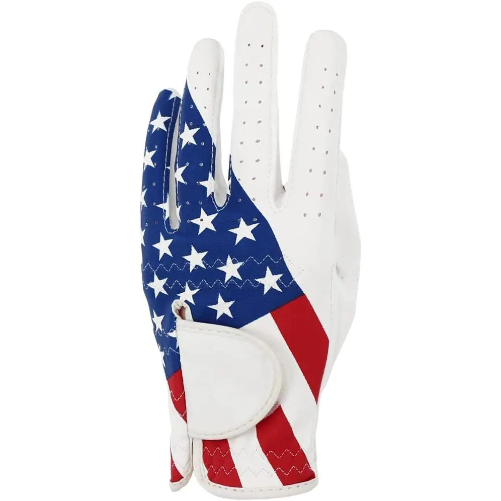 Unisex Golf Gloves - American Flag Pattern, Synthetic Leather, Stretchable Lycra, Adjustable Closure for Right-Handed Golfers (Left Hand Fit)
