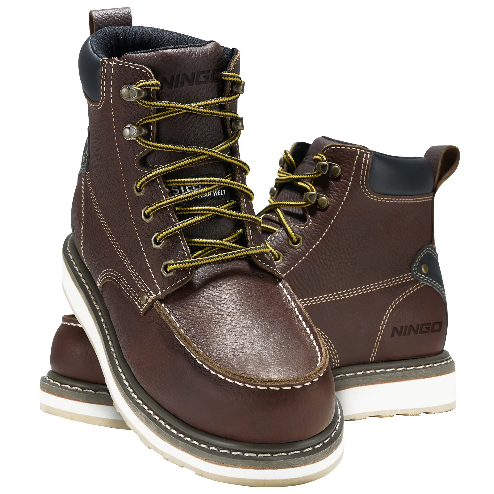 NINGO Men's Leather Work Boots, 6 Inch Soft Round Toe Lace-up Construction Shoes, Waterproof and Slip Resistant Safety Footwear for Workers, Closed, Warehouse, Laces, Work & Safety Footwear, Plain, Water Resistant, Full Grain
