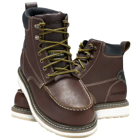 NINGO Men's Full Grain Leather 6-in Closed Steel Toe Dark Brown Work & Safety Boots - Lace-Up, Soft Cushioned Goodyear Welt, Water-Resistant, Slip-Resistant Rubber Cuban Heel Shoes for Factory, Warehouse Workers (All Seasons),outdoorfun