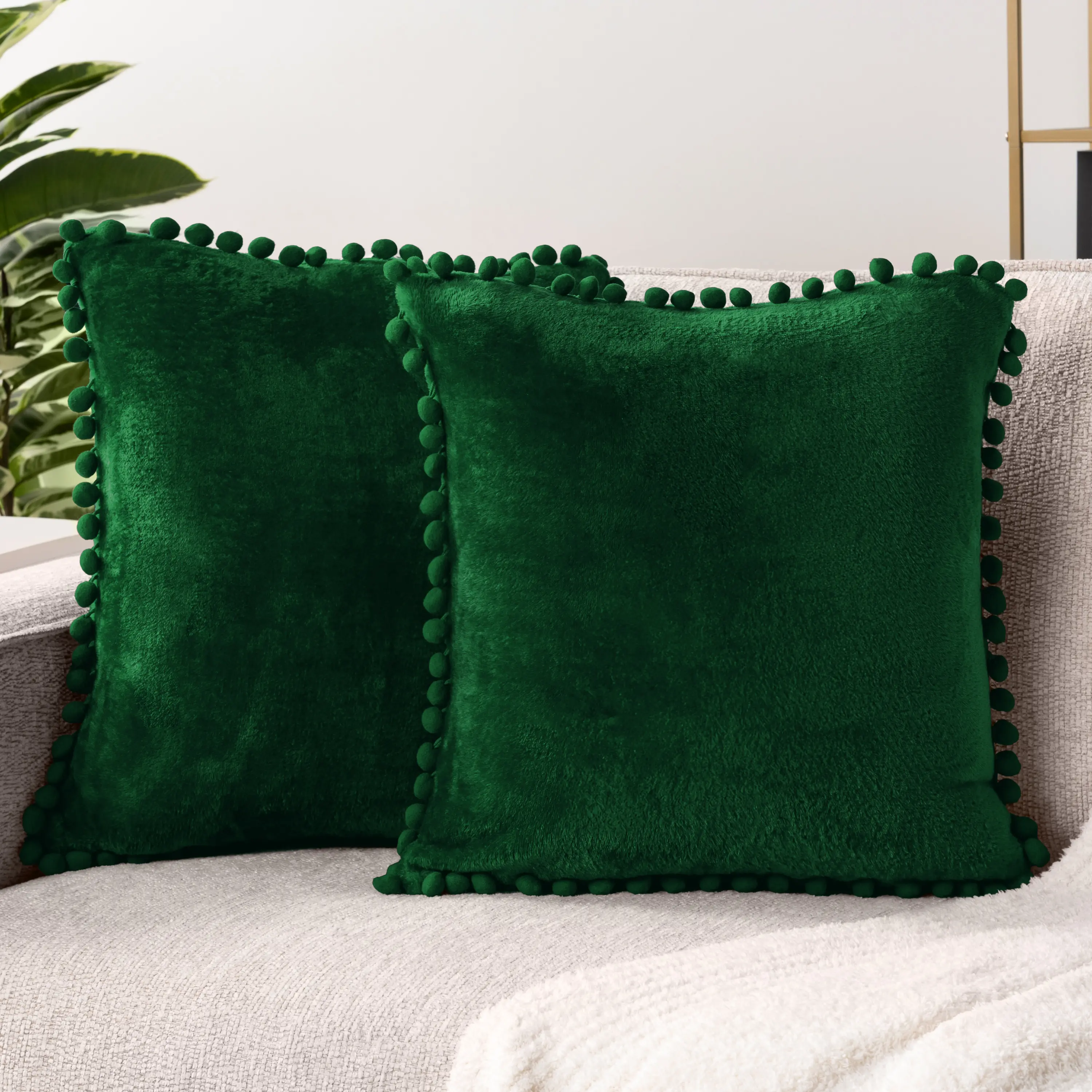 PAVILIA Throw Pillow Covers with Pom Pom Set of 2, Decorative Pillow Cases for Bedroom Aesthetic, Small Throw Pillows Set for Bed, Velvet Euro Plush Cushion Covers for Sofa Couch, 18x18 and 20x20