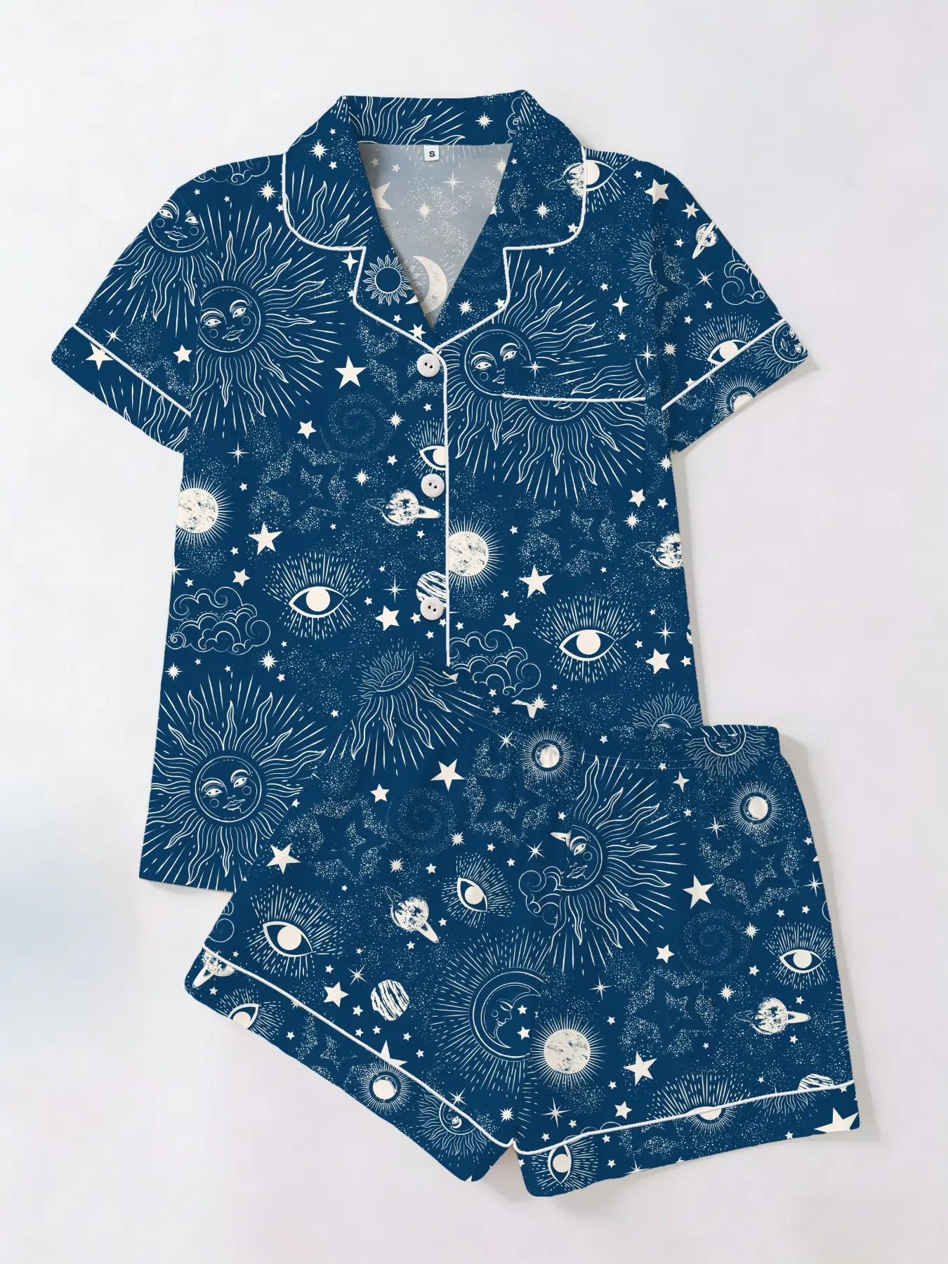 Women's Starry Sky Universe Printed Sleepwear Set, Loungewear, Homewear, Womenswear, Short Sleeve Top & Shorts Cardigan Two-Piece Pajamas, Casual Fitted Everyday All-Season Home Wear Pyjamas