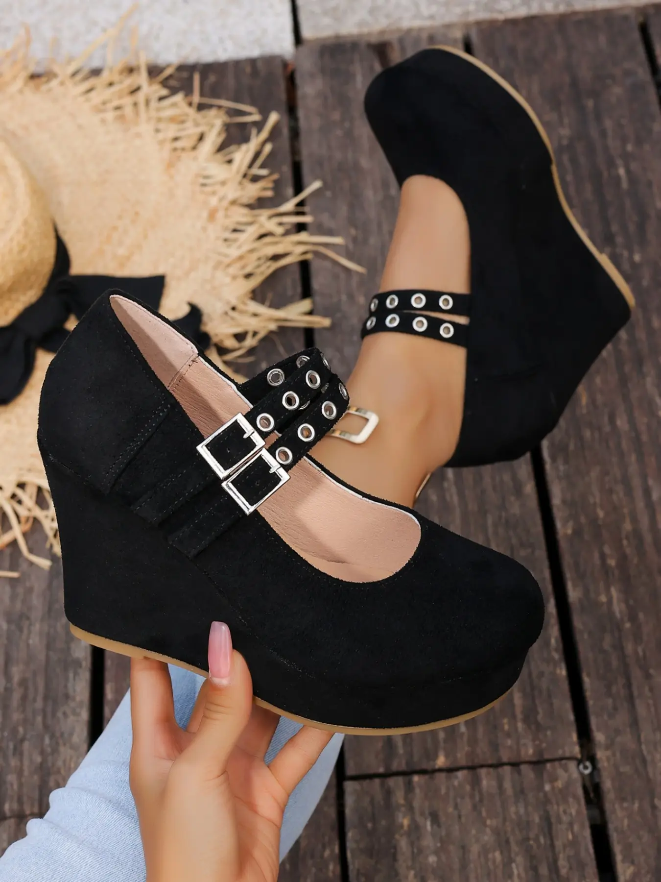 Women's Super High Heel Wedge Shoes with Suede Round Toe and Platform, Wedge Design, Elegant, Stylish, Dressy Shoes, Suitable for Parties and Daily Wear, Buckle Wedges, Party Shoes