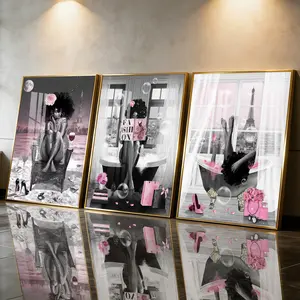 3Pcs Aluminum Alloy Framed Painting, Elegant African Woman With Eiffel Tower And Fashion Elements Picture, Home Decoration For Living Room, Bedroom, OfficeWall Decor, Odorless Print Artwork, Luxury Perfect Gift For Friends And Family