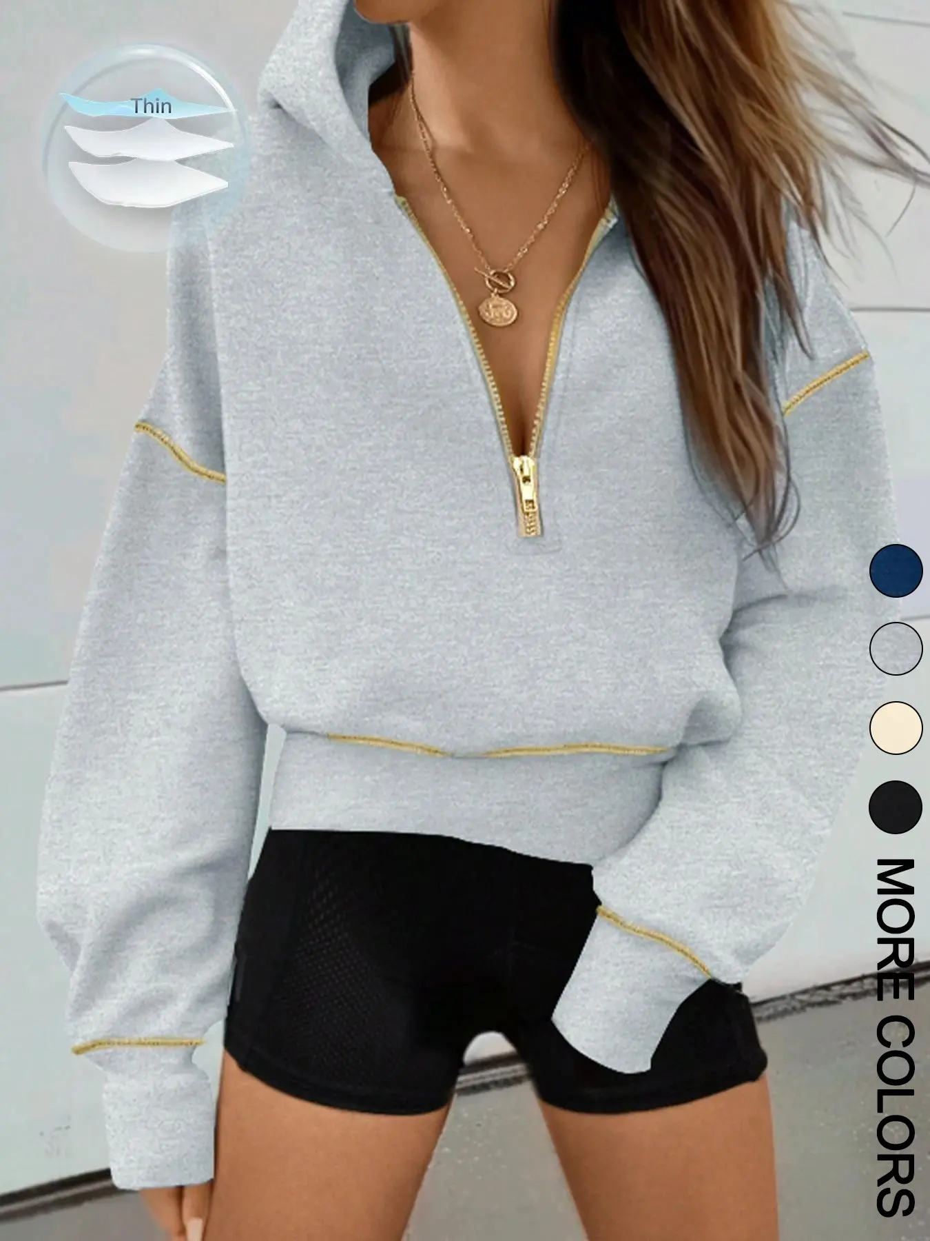 Women's Loose-Fit Lightweight Hooded Knit Casual Sporty Sweatshirt with Zipper Pocket, Casual Long Sleeve Pullover for Daily Wear & Sports, Comfortable Ladies' Apparel, Basic, Casual Pullover Hoodies, Casual Sweatshirts, Womenswear