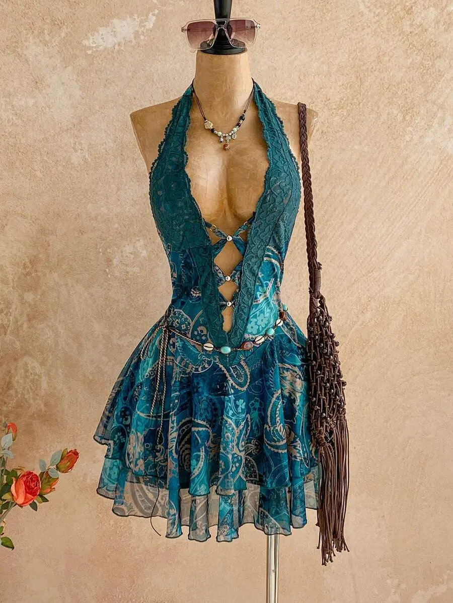 Women's Vintage Halter Backless Mini Dress | Ruffle Hem Boho Summer Holiday Dress | Sexy Vacation Carnival Beach Outfit