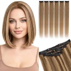 SEGOHAIR Real Human Clip in Hair Extensions for Women 6pcs Straight Highlight Golden Brown Mix Bleach Blonde 10/12 Inch 31g Add Volume Length for Daily Wear Parties Weddings