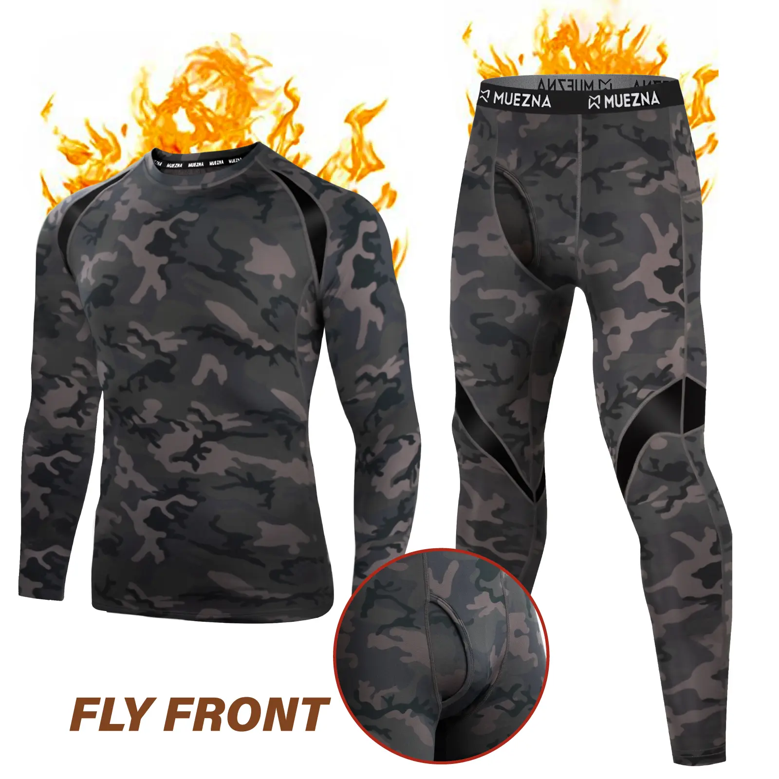 Muezna Men's Thermal Menswear 3-Piece Warm-Preserving Set - Jacket, Underpants, Long Pants, Stretch Fabric Base Layer with Fur Liner - Suitable for Cold Winter Sports, Gym, Casual Wearing, Sweat