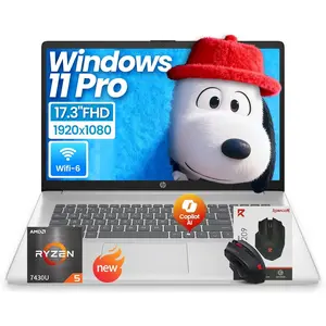 HP 17 inch laptops, AMD Ryzen 5 7430U(Beats i7-1165G7), 16GB RAM 512GB NVMe SSD Windows 11 Pro, 17.3" FHD IPS, Copilot AI, Numeric Keyboard, Type-c, Free Mouse