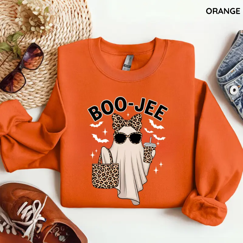 Boo-Jee Ghost Sweatshirt, Leopard Ghost Graphic Crewneck, Funny Fall Halloween Pullover, Cute Ghost Coffee Sweater, Girly Spooky Season Gift, Cozy Women's Halloween Apparel