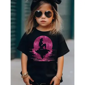 Girls' Trendy Mermaid & Sequin Print T-Shirt - Black Casual Summer Top with Glittery Pink Design, Perfect for Outdoor Shopping, School, and Birthday Gifts, Mermaid Party Decorations, School Outfit, Stylish Girls' Tee, Medium Elasticity Fabric