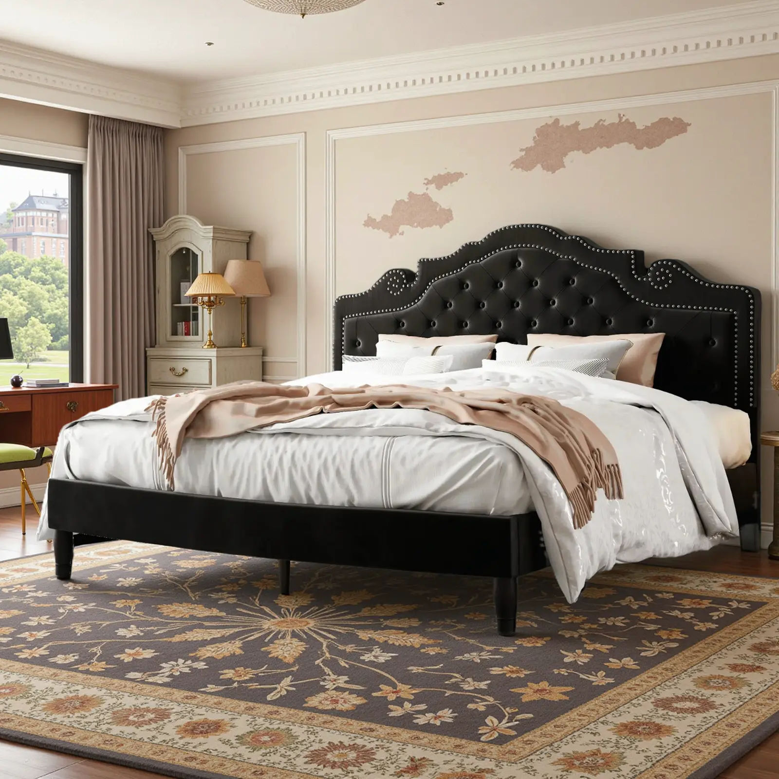 Allewie Full/Queen/King Velvet Upholstered Bed Frame - 【Frame Only No Mattress】Adjustable Tiara Headboard with Diamond Button Tufting & Wood Slats, Black, #TikTokShopBlackFriday #Christmas Gifts