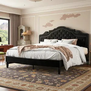 Allewie Full/Queen/King Velvet Upholstered Bed Frame - 【Frame Only No Mattress】Adjustable Tiara Headboard with Diamond Button Tufting & Wood Slats, Black, #TikTokShopBlackFriday #Christmas Gifts