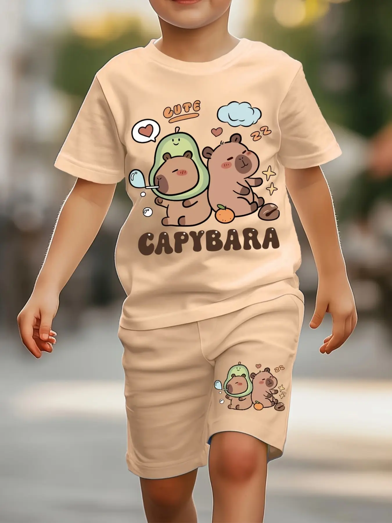 Cute Capybara Short Sleeve Shorts Set, Adorable Kids Clothing, Fitted Style, All over Print, Casual Wear, Cartoon Print Set, Matching Set, Graphic Print Set, Outfit Sets, Step Up Cuteness