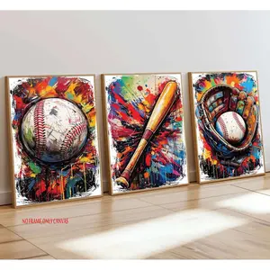 3-Piece Set, Graffiti Baseball Canvas Wall Art; Teen Baseball Poster; Printed Artwork; Street Athlete; Wall Decor; Home Decor for Boys' and Girls' Rooms, Living Rooms, Bedrooms, and Offices; Frameless