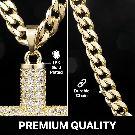 14K Real Gold-Plated Cross Necklace for Men,Tarnish-Free Cuban link chain  with Jesus Crucifix Pendant, 24" Long, Christian Religious Jewelry Gift,Hypoallergenic & Tarnish-Resistant, Durable Hip Hop Jewelry for Daily Wear