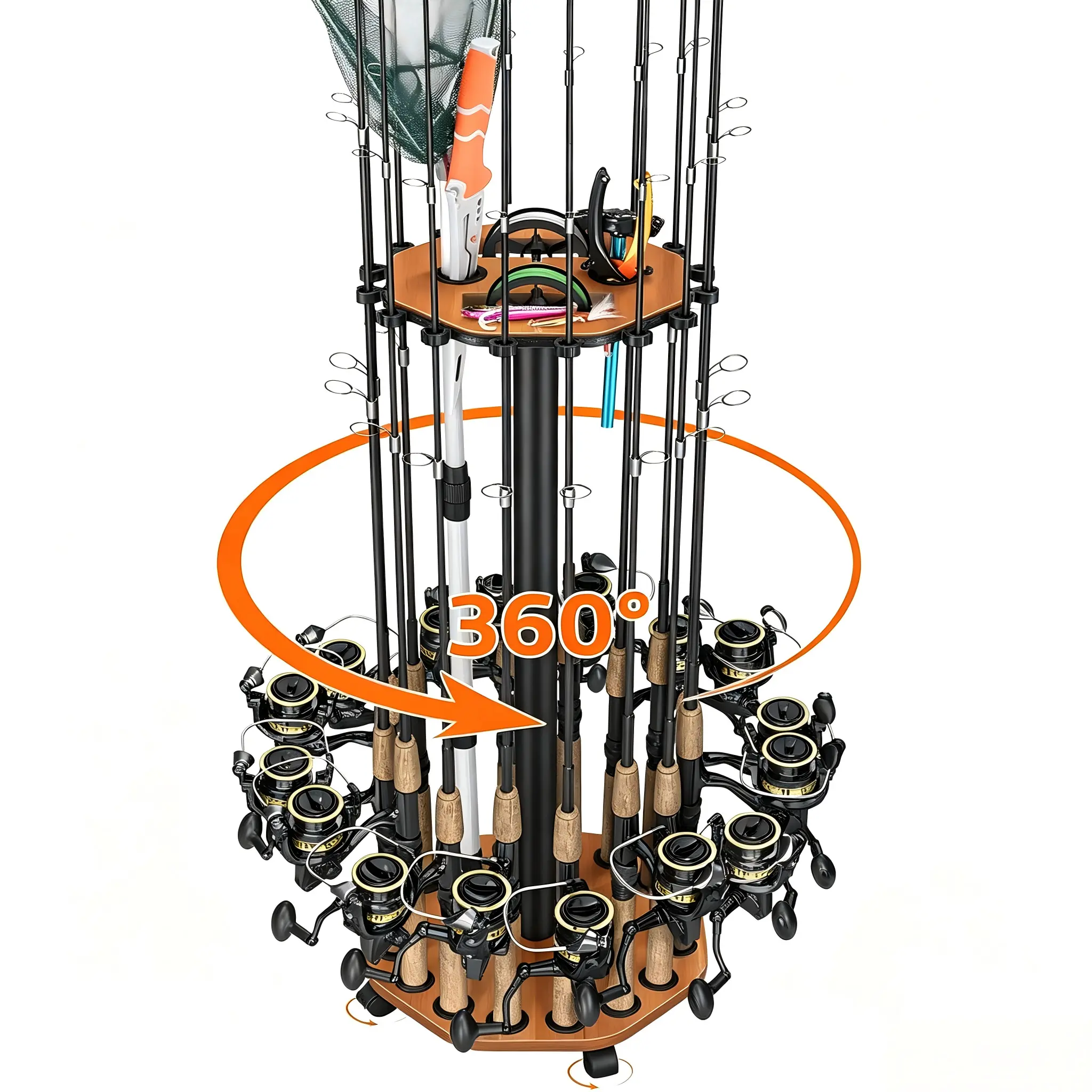 Fishing Rod Rack Holds 16 Rod Combos, 360° Lockable Rolling Wheel Fishing Gear Organizer with Rigging Station