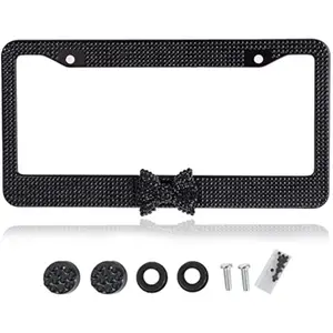 Fashion Premium Handmade Crystal License Plate Frames,Waterproof Bling License Plate Covers,US Universal Rhinestone License Plate Holder for Women(1 Frame,Black Frame Black Bowknot)