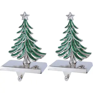 Christmas Tree Stocking Holders Set of 2- Tree Stocking Hanger for Mantel - Silver Christmas Stocking Holder for Fireplace Mantle- Heavy Duty Stocking Holder for Mantle Fireplace Decor (Tree Set)