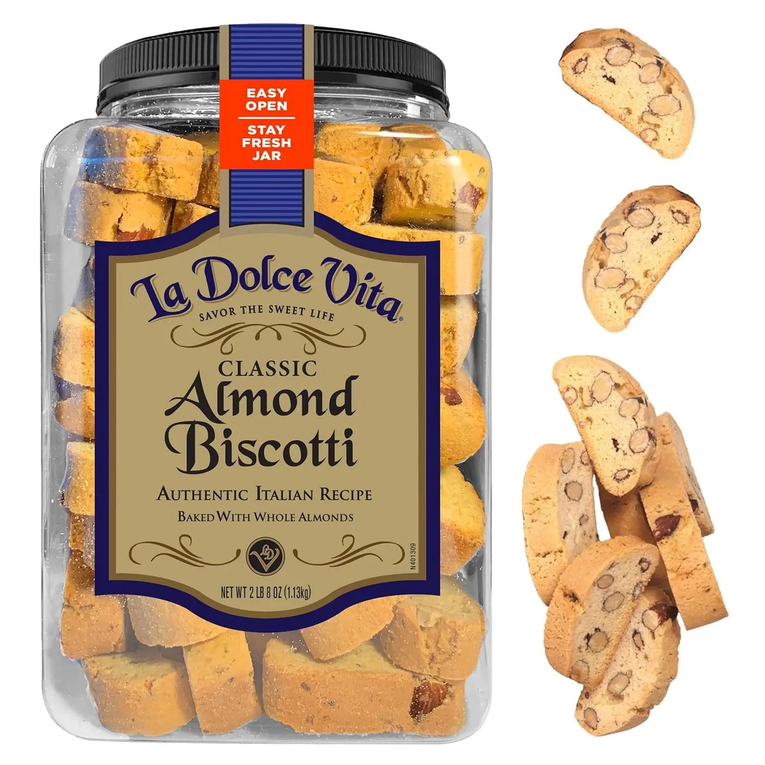 La Dolce Vita Classic Almond Italian Biscotti Cookies, Gourmet Coffee & Tea Dipping Snack, 40 oz Jar