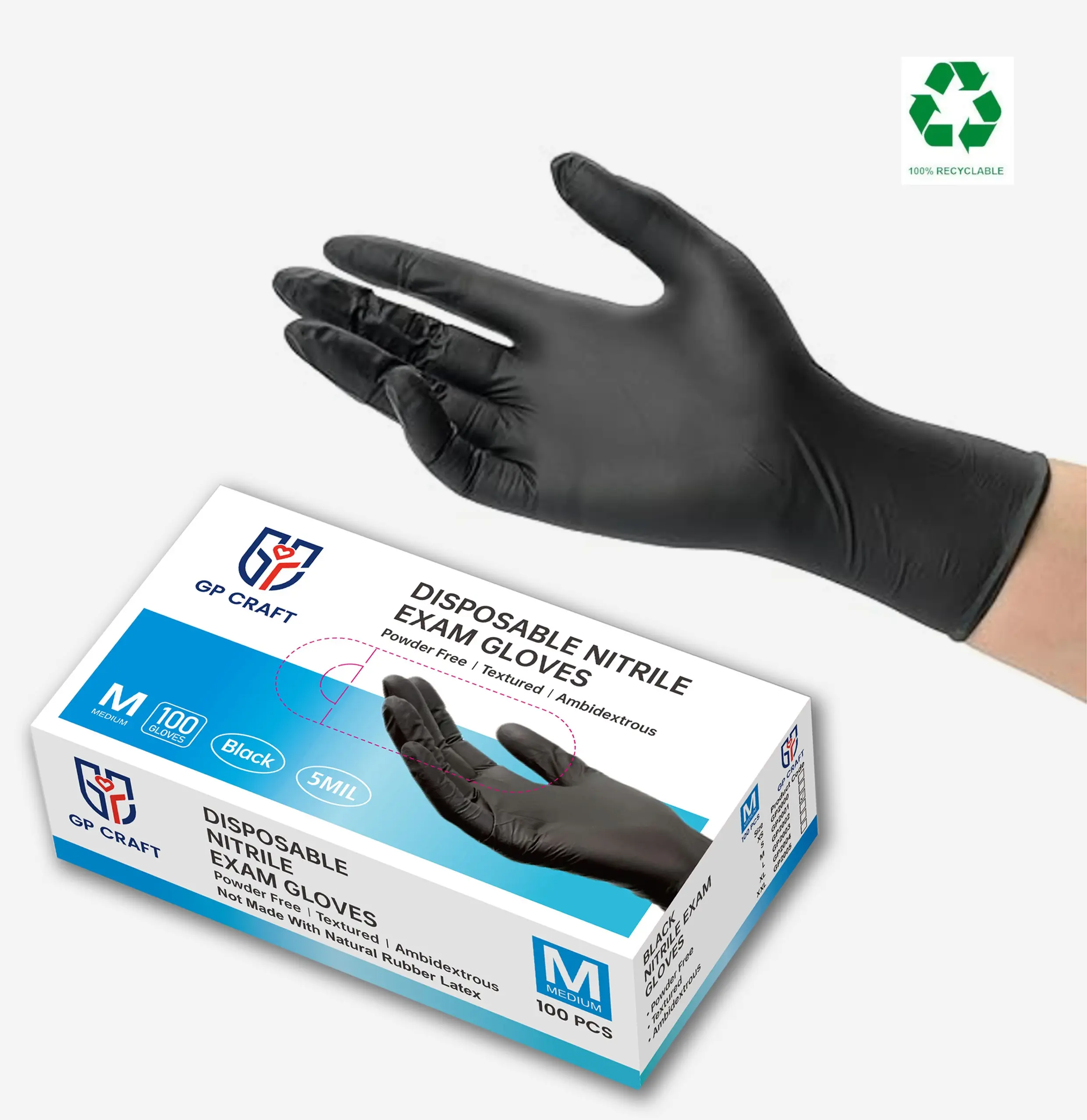 GP Craft  Black Nitrile  disposable  gloves, 5 mil, powder free and latex-free, elastic, wear resistant, clean and waterproof Hand Thick Cleaning