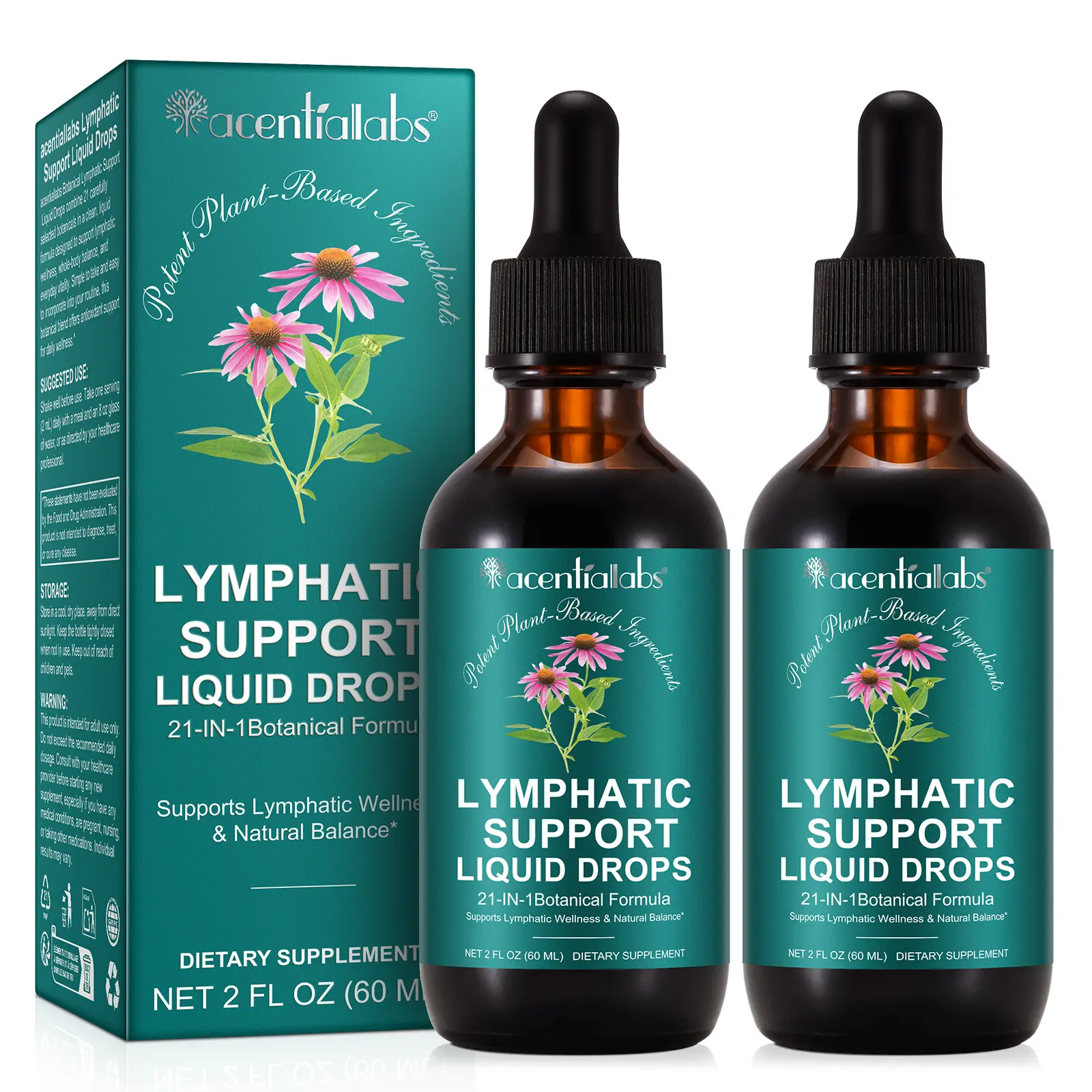 [2-Pack] Acentiallabs Lymphatic Drainage Drops - Organic 21-in-1 Lymph Support Supplement w Burdock Root, Echinacea & Elderberry - Natural Detox & Immune Boost, 2 fl oz (Pack of 2)