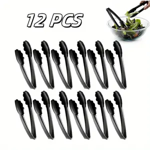 Plastic Tongs for Serving (Pack of 12) 9 Inch - Heavy-Duty Hard Plastic Reusable or Disposable Serving Tongs for Catering, Dinner Parties, Banquets, Buffets, Events, Weddings and Everyday Use, Black