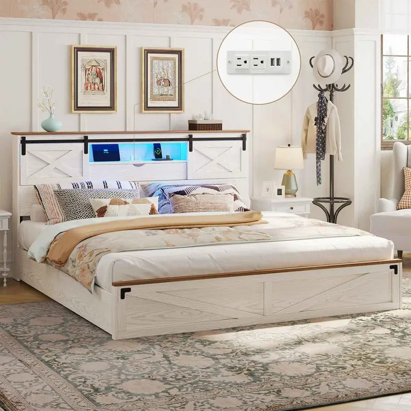 Sikaic Farmhouse Bed Frame with Storage Bookcase Headboard, Wooden Bed with LED Lights, Charging Station, 2 Drawers, Country Rustic Bed Frame with Sliding Barn Door, Home Furniture, Dorm Essentials [tiktokshopbacktoschool]