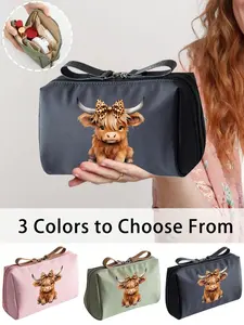 Highland Cow Print Linen Makeup Bag, Cute Bow Leopard Design, Large Capacity Storage Pouch, Skincare Bag, Portable First Aid Kit