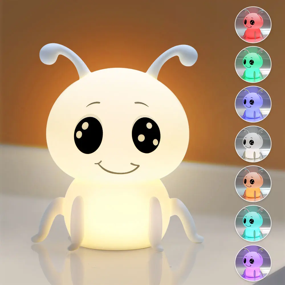 Cute Ant Silicone Nursery Night Light - Cordless ABS Animal Mood Lamp, Dimmable Children's Room Decor for Girls, Low Voltage USB Charging Rechargeable with Timer, Portable Book Light Bedside Gift