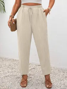 Plus Size Vacation Solid Color Casual Pants, Textured Material, with Pockets, Comfortable and Stylish, Perfect for Travel