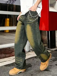 Four-season men's vintage washed and distressed loose-fitting wide-leg jeans, Plain, non-stretch denim long pants, with a loose fit suitable for daily casual wear, urban gatherings, and weekend styling, Streetwear. A must-have men's long pants