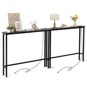 2 PCS （1 Set） 39.4" Narrow Console Sofa Table with Power Outlets and USB Ports, Long Couch Table with Metal Frame and Charge Station with 4.9ft Extension Cord, Black outdoorfun