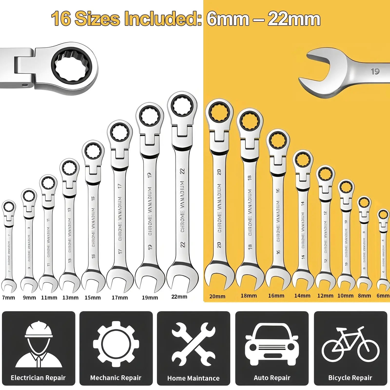 NANWEI 16Pcs Flexible Ratchet Combination Wrench Set, Metric 6-22mm Swivel Flex Head Open & Box End Spanner Kit, Chrome Vanadium Hand Repair Tools with Yellow Canvas Storage Pouch for Auto Bike Household DIY Maintenance
