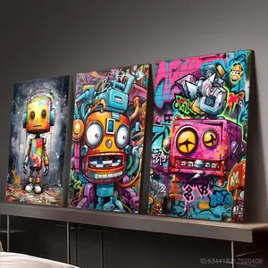 Framed Canvas Wall Art 3 Piece - Colorful Graffiti Street Art Robot Painting, Neon Cyberpunk Cyborg Pop Art Triptych Set, Cool Birthday Gift for Gaming Room Teen Bedroom Dorm Decor