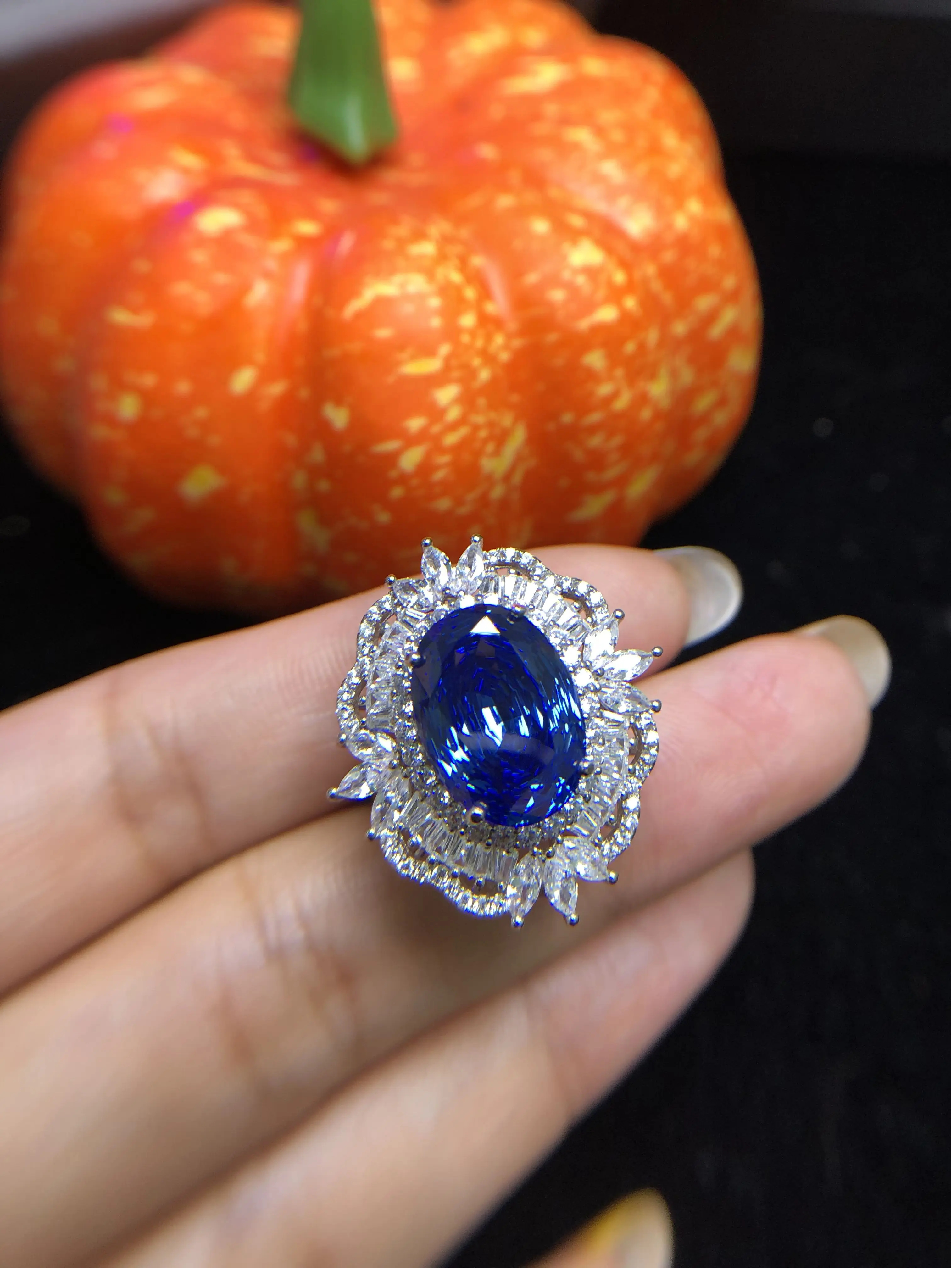 S925 Solid Sterling Silver Royal Floral Cocktail Ring - Oval Millennium Cut Lab Sapphire, Double Baguette & Marquise Halo Vintage Inspired Fashion Jewelry for Women, Beautiful Unique Everyday Ring, Beautiful Rings