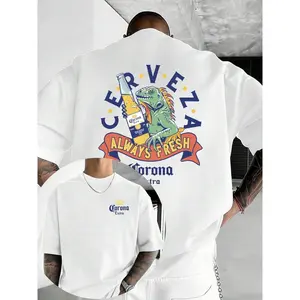 Corona Beer Double-Sided Printed T-Shirt, Featuring A Pattern Of An Iguana Holding A Corona Beer Bottle - High-Quality 100% Cotton Short-Sleeve T-Shirt At. A Must-Have Fashionable Item For Summer, Soft And Breathable, With A Loose Fit