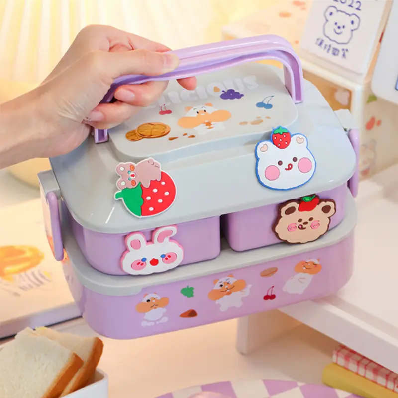Lunch Boxes Set for Kids, Kawaii Aesthetic Plastic Bento Container with Compartments and Lid, Microwave Safe for School & Picnics, Portable, Rectangular, School Lunch