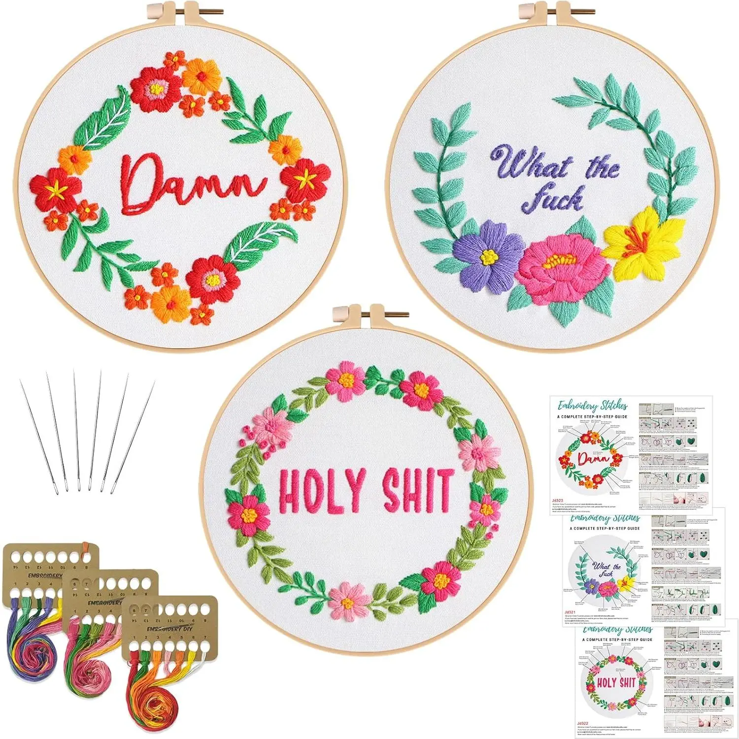 3 Sets Funny Embroidery Kits for Beginners, Stitch Kit for Adults,DIY Needlepoint for Starters Including Wreath Flower , Hoop,Instruction and Threads