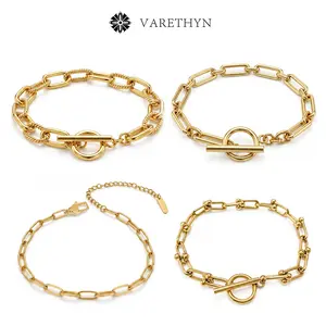 4Pcs Minimalist Gold-plated Layered Bracelet Set Chunky Paperclip & Toggle Clasp Chain Bracelets for Women